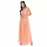 Maya Deluxe Damen Womens Maxi Dress Ladies Ball Gown for Wedding Guest Embellished Tie Waist V Neck Bridesmaid Prom Evening Occasion Kleid, Apricot Blush,, 44