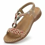 Littleplum Sandalen Damen Freizeit Flach Sandalette Handarbeit mit Strass Perlen Bohemia Strand Schuhe,A Beige 40 EU