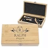 LAUBLUST Weinöffner Set Personalisiert - 5er Weinzubehörset als Sommelier Set | Monogramm - Wein Zubehör mit Geschenkbox aus Holz | Personalisierte Geschenke für Männer mit Korkenzieher & Thermometer