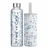 Autsel 1 liter Glasflasche Trinkflasche Glas Sport Borosilikat Glass Bottle Wasser Flasche mit Neopren-Hülle mit Auslaufsichere Abdeckung