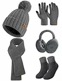 Niwicee 5 Stück Damen Winter Ski Ausflug Set Warmes Verdicktes Fleece Gestrickter Hut Touchscreen Handschuhe Langer Schal Ohrenschützer Winterzubehör GeschenkeOutdoor Winter Strickset-Dunkelgrau