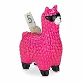 Relaxdays Lama Spardose, mit Sonnenbrille, Geschenkidee & Deko, Alpaka Sparbüchse aus Keramik, HBT 15,5 x 11 x 6cm, pink