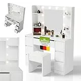 Juskys Schminktisch Malia mit LED-Spiegel und Hocker Melly, 7 Schubladen, individuelle Lichteinstellung, viel Stauraum, modernes Design, kompakt & pflegeleicht