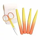 FADVAN Professionelles Pinzettenset – 4-teiliges Präzisionspinzettenset aus Edelstahl + 1 Paar rutschfeste Augenbrauenschere aus Edelstahl mit Verpackungsbeutel (Orange – 5-teilig)