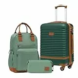 COOLIFE Koffer Trolley Koffer Reisekoffer von ABS Hartschalen Trolley 4 Rollen TSA-Schloss Der Koffer Enthält 1 Reiserucksack und 1 Kulturbeutel (Dunkelgrün/Braun, Handgepäck-Set 3tlg)