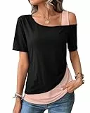 ZASFOU Damen Sommer Kurzarm Tops Off Shoulder T Shirt Locker Shirts Lässig Tunika Bluse Oberteile Geschenk für Frauen
