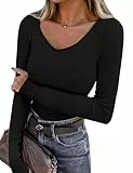 Wayleb Pullover Damen Frühling Langarm Basic Daumenlöchern Shirt V Ausschnitt Longsleeve Herbst Funktionsshirt Elegant Leicht Shirt Schwarz S-3XL