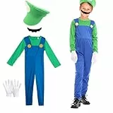 Capaneus Kostüm Super Brothers Klempner, Super Klempner Kinder Kostüm Cosplay Outfit mit Grün Mütze, Handschuhen und Schnurrbart für Karneval Halloween Jungen Mädchen Faschingskostüme