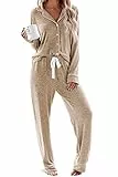 Schlafanzug Damen Lang Pyjama Sets mit Knopfleiste Zweiteiliger Nachtwäsche Hausanzug(S,weizen Farben)