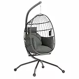 Outsunny Eiförmiger Hängesessel mit Gestell, faltbar Hängeschaukel mit Becherhalter, abnehmbar waschbar Sitz, Hängematte, Schaukelsessel für Terrasse, Garten, Schwarz