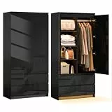 Wumagin Hochglanz Kleiderschrank 80cm Breit, Mehrzweckschrank mit LED-Sensorleuchte, 2 türen kleiderschrank mit 2 Schubladen, 3 Verstellbare Einlegeböden & Abnehmbare Kleiderstange (Schwarz)