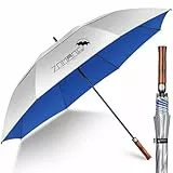 ZOMAKE 68IN Sonnenschirm mit UV Schutz,Regenschirm Groß XXL für Herren Damen,Golfschirm Sturmfest Großer Stabiler mit Gewelltem Holzgriff(Silber Marineblau)