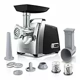 Bosch Fleischwolf ProPower MFW67440, elektrisch, Wurstaufsatz, 3 Edelstahl Loch-Scheiben (3, 4,8 +8mm), Stopfer, Kebbe-Aufsatz, Durchlaufschnitzler, 2000 W Blockierleistung, 700 W, schwarz / silber