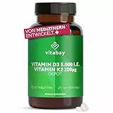 Vitabay Vitamin D3 K2 5000 IE – 180 vegane Tabletten – Depotformel mit 100 µg K2 MK-7 – ohne Zusatzstoffe – vegan & laborgeprüft – Vorrat für über 18 Monate