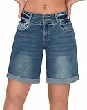 roswear Damen-Shorts, hohe Taille, dehnbar, weites Bein, Denim-Shorts, leger, Sommer, Bündchen, lange Jeans-Shorts, Blau, X-Groß