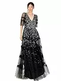 Maya Deluxe Women's Maxi Dress Ladies V-Neck Sequin Embellished Ruffle Detail for Wedding Guest Bridesmaid Prom Occasion Ball Gown Kleid, Black, 42