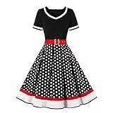 FYMNSI Damen 50er Jahre Rockabilly Kleid 60er Retro Vintage Gepunktet Kleid Mit G?rtel Audrey Hepburn Kurzarm Partykleider Festkleid Midikleid A Linie Swing Abendkleider Cocktailkleider Schwarz 4XL