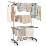 SONGMICS Wäscheständer, Standtrockner 4 Ebenen, Flügelwäscheständer, klappbare Flügel, mit Rollen, 63,5 x 125,5 x 173 cm, groß, einfacher Aufbau, Taubengrau LLR703G01