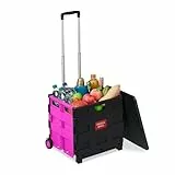 Relaxdays Einkaufstrolley klappbar, bis 35 kg, 50 l Kiste, mit Teleskopgriff, 2 Rollen, Transport Trolley, pink/schwarz