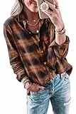 Imily Bela Bluse Damen Kariertes Longbluse Casual Langarmshirt Flanellhemd Karohemd Knöpfen Longsleeve Oberteile.Orange.L