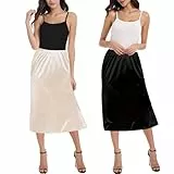 OBBUE 2pc Damen Petticoat Unterrock Lange Antistatisch Rock Satin für Unterkleider 27' Black and Champagne X-Large