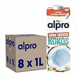 Alpro Kokosnussdrink ohne Zucker – Ohne Süßstoffe – Vegan und milchfrei – Von Natur aus laktosefrei und fettarm – Reich an Calcium und Vitaminen – 8 x 1 L