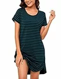 Litherday Nachthemd Damen Kurz Nachtwäsche Streifen Nachtkleid aus 95% Baumwolle Loungewear Negligee Kurze Ärmel Sleepshirt mit 2 Tasche, Dunkelblau+dunkelgrün, XXL