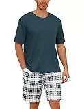 Uniexcosm Schlafanzug Herren Baumwolle Kurz Zweiteiliger Pyjama Set Nachtwäsche Kurzarm Oberteil und Karierte Schlafanzughose Hausanzug Sleepwear A:Grün L