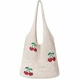 WantGor Häkeltaschen, Strand Mesh Tragetasche Damen Umhängetasche Einkaufstasche Lässige Reisetaschen Tasche faltbar Hobo Taschen (Kirsche-Aprikose)