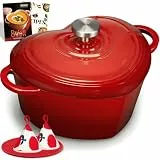 Overmont Gusseisen Topf Emailliert Herzform– 1.89L Bräter Schmortopf mit Deckel und Kochbuch – für Küche Backen Schmoren Braten – Geschenk zur Hochzeit & zu Feiertagen - Rot