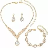 FDEETY Schmuckset Damen Brautschmuck Schmuck Hochzeit Set Hochzeitsschmuck Braut Strass Kristall Halskette Armband Anhänger Ohrring Set Kostüm Schmuck Set Braut Hochzeit Party (Gold)