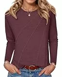 PLOKNRD Damen Langarm T-Shirt Rundhals Freizeit Oberteile Herbst Winter Dünne Sweatshirt Elegant Blusen Wein Rot XL