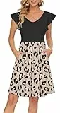 PLOKNRD Sommerkleid Damen V-Ausschnitt Midi Kleider mit Taschen Knielang Blütenblättern Kurzarm Freizeit Strandkleider Beige Leopard L