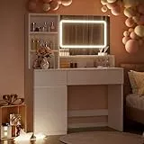 Airfish Schminktisch mit LED-Beleuchtung, 3 Farben Einstellbarer Helligkeitund, Frisiertisch mit Spiegel, 2 Schubladen, 4 Fächer & Schrank, für Schlafzimmer, Weiß