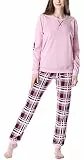 Merry Style Damen Lang Zweiteiliger Schlafanzug aus Baumwolle Pyjama Set Winter MS10-168 (Rosa-Kariert, XXL)