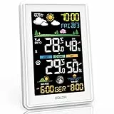 Konsen Wetterstation funk mit Außensensor Multifunktionale Funkwetterstation DCF Funkuhr Digital Thermometer Hygrometer mit Wettervorhersage, Weiß