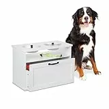 Relaxdays Futterstation Hund, 2 Hundenäpfe, Stauraum, HxBxT: 42 x 60 x 30 cm, erhöhte Hundebar, MDF, Hundeschrank, weiß