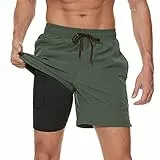 Arcweg Badehose für Herren mit Kompression Liner 2 in 1 Atmungsaktiv Badeshorts Männer Elastisch Trainingsshorts Verstellbar Tunnelzug mit Reißverschlusstaschen Militärgrün L (EU)