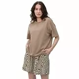 OCCIENTEC Schlafanzug Damen Kurz Pyjama Set Sommer Zweiteiliger Kurzarm Rund Ausschnitt Einfarbiges T-Shirt und Shorts mit Zebrastreifen Loungewear mit Taschen Khaki,L