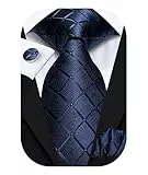 Hi-Tie Herren Seiden Krawatte Set Dunkelblau Karomuster Krawatte mit Einstecktuch Manschettenknöpfe Für Hochzeit