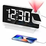 Venchin Wecker mit Projektion: 180° Projektor Uhr Digital 2 USB-Ladeanschluss 2 Alarmen 3 Modi 9 Mins Snooze 5 Lautstärke 12/24Hr DST 7.3' LED Digitaluhr EU Adapter - Weiß