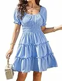 Beluring Sommerkleid Damen Elegant Kurzarm Tunika Kleider Eckiger Ausschnitt Basic Freizeitkleid (Himmelblau, XXL)
