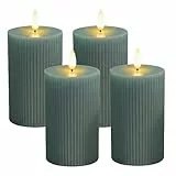 Relaxdays LED Kerzen, 4er Set, HxD: 13 x 7,5 cm, flackernde Flamme, Echtwachs, Rillen, flammenlose Blockkerzen, Khaki