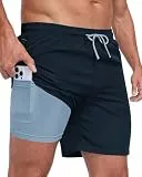 Zzkouine Badehose für Herren 2 in 1 Badeshorts Männer Schwimmhose mit Reißverschlusstasche Sporthose Kurz Herren Shorts, Marineblau 3XL