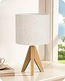EDISHINE Nachttischlampe Tischlampe Holz, Stativ Vintage Landhaus, Leine Lampenschirm Beige, Walnuss hell für modern Deko Schlafzimmer, Wohnzimmer, Nachttisch, Geschenk