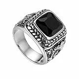 Flongo Herrenring Männer Ringe Daumenring Bandring Siegelring mit Glas Edelstein Silber Schwarz Drache Schnitzerei Klassiker Charm Herren-Accessoires Größe 62