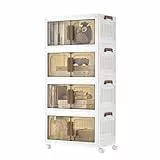 SONGMICS Aufbewahrungsboxen, 4 Ebenen, Organizer mit 1 Deckel, Stapelboxen auf Rollen, Plastikboxen, magnetische Tür, Ordnungsboxen, weiß, 25 L pro Ebene, 100 L insgesamt RLB445WZ01