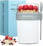 Mitsemmo Müslibecher to Go,Müsli Cup to Go Becher,Joghurtbecher to Go mit Löffel,Cornflakes to Go,Müslibecher Müslidose Müslischale Frühstücksdose Müslibox,Joghurt to Go Becher(560ml+230ml-Weiß)
