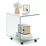 COSTWAY Beistelltisch aus gehärtetem Glas mit Rollen, Glastisch C-Form, Nachttisch, Sofatisch, Kaffeetisch für Wohnzimmer, Schlafzimmer, 45 x 40 x 48 cm (Transparent)