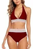 Aidotop Damen Bikini Set Bademode Bauchkontrolle Hohe Taille Bikini Sets Hohe Taille V Ausschnitt Verstellbar Zweiteiliger Badeanzug Swimsuit（4Red，M）